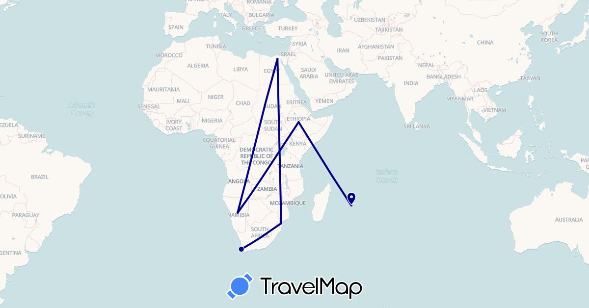 TravelMap itinerary: driving in Egypt, Ethiopia, Mauritius, Mozambique, Namibia, South Africa (Africa)